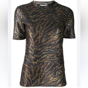 GANNI Tiger Print Knitted Top Metallic Gold Size 42